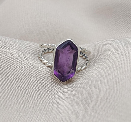 Amethyst Hexagon 925 Sterling Silver Ring: Twisted Band, Spiritual Jewelry
