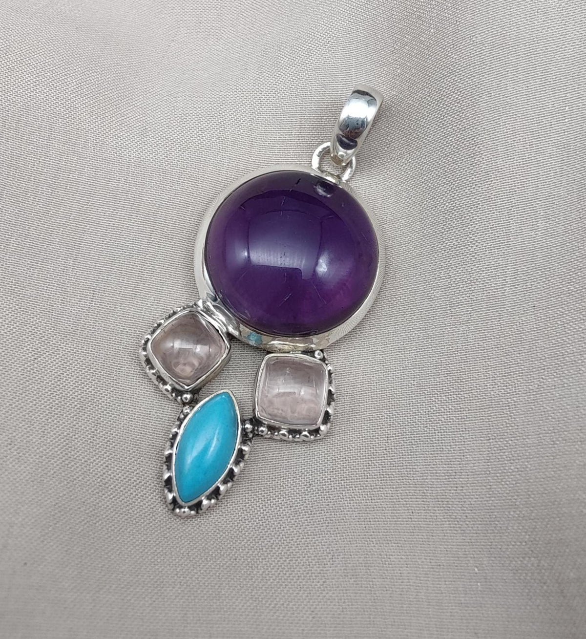 Amethyst Rose Quartz Turquoise Pendant: 925 Silver Healing Crystal Boho Necklace