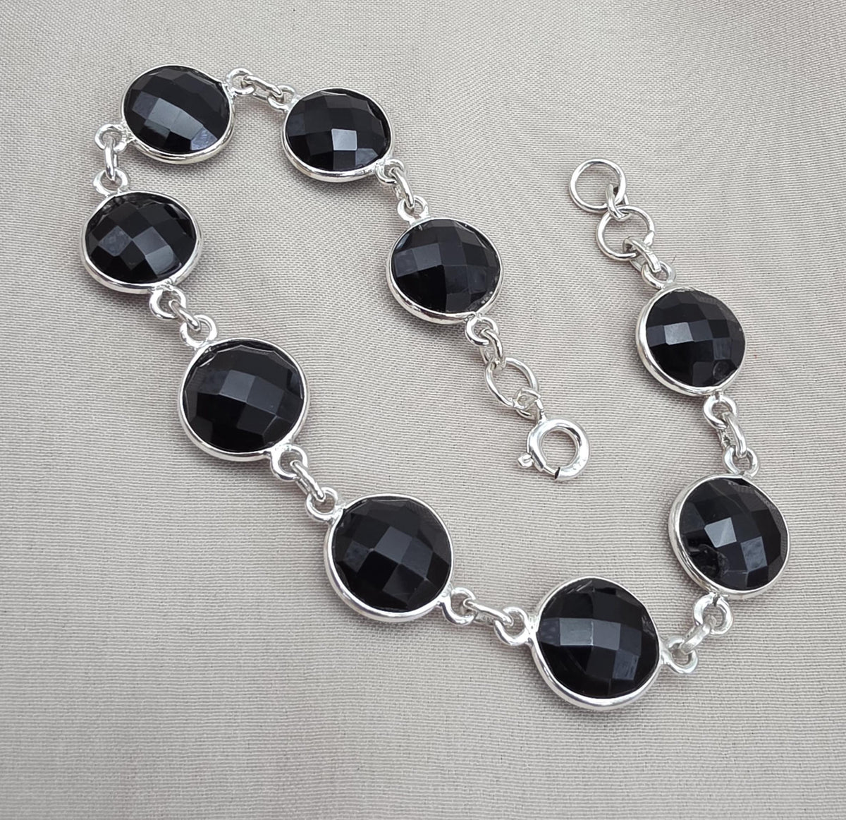 Black Onyx Bracelet 925 Sterling Silver Faceted Round Stone Link Bracelet Handmade Jewelry
