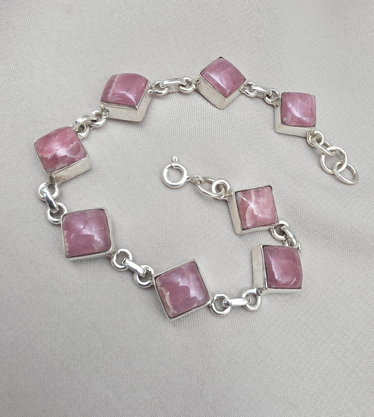 925 Sterling Silver Rhodochrosite Bracelet Pink Gemstone Square Link Bracelet Gift for Her