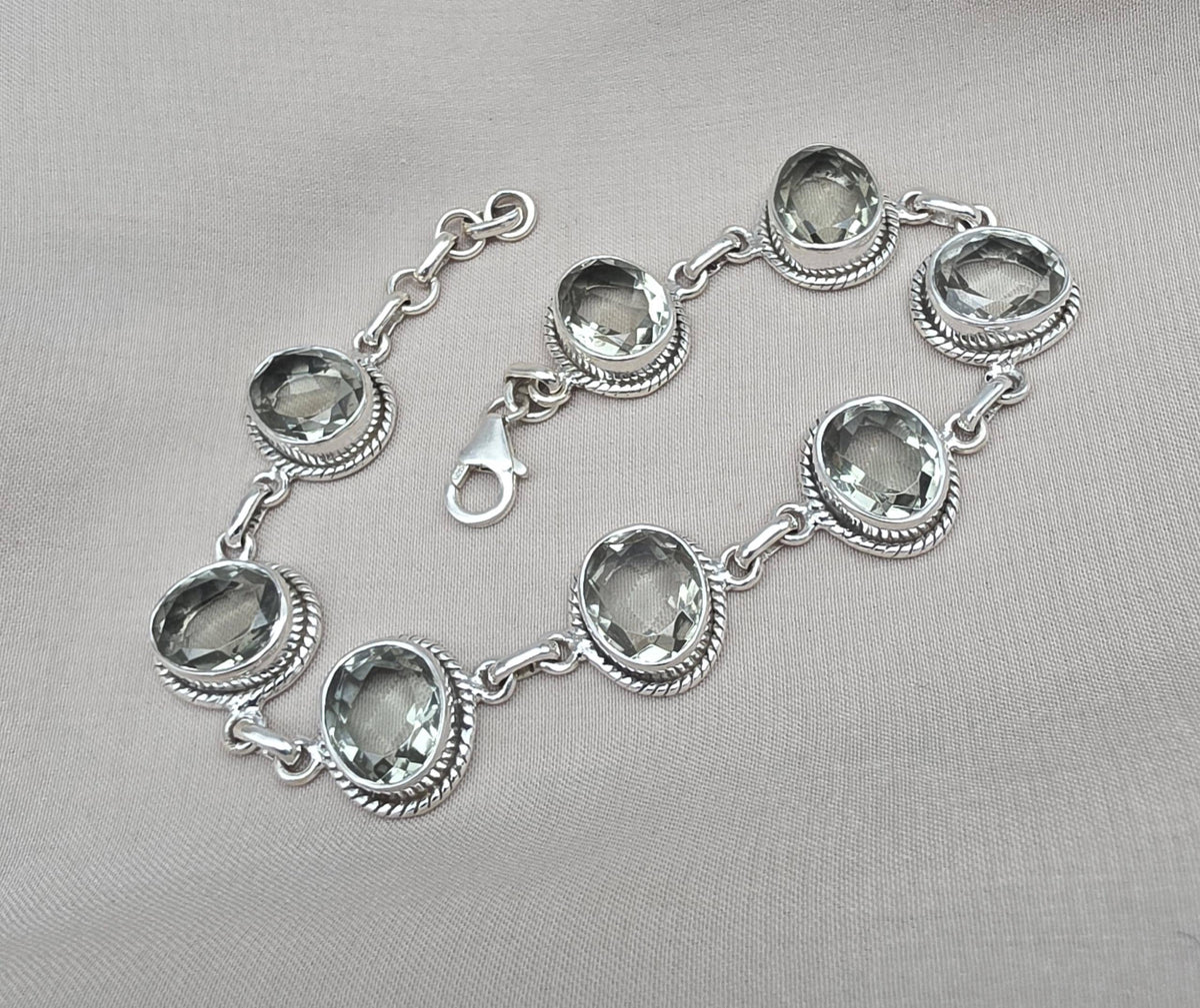 925 Sterling Silver Green Amethyst Bracelet Oval Prasiolite Gemstone Vintage Boho Bracelet for Women