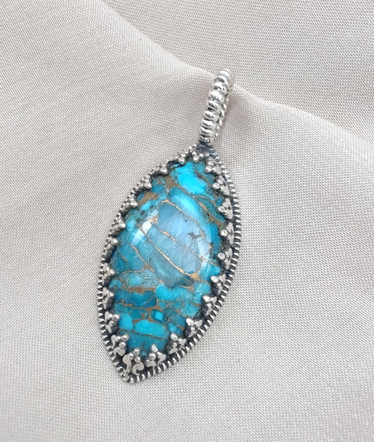 Blue Copper Turquoise Pendant: Sterling Silver Marquise Boho Necklace