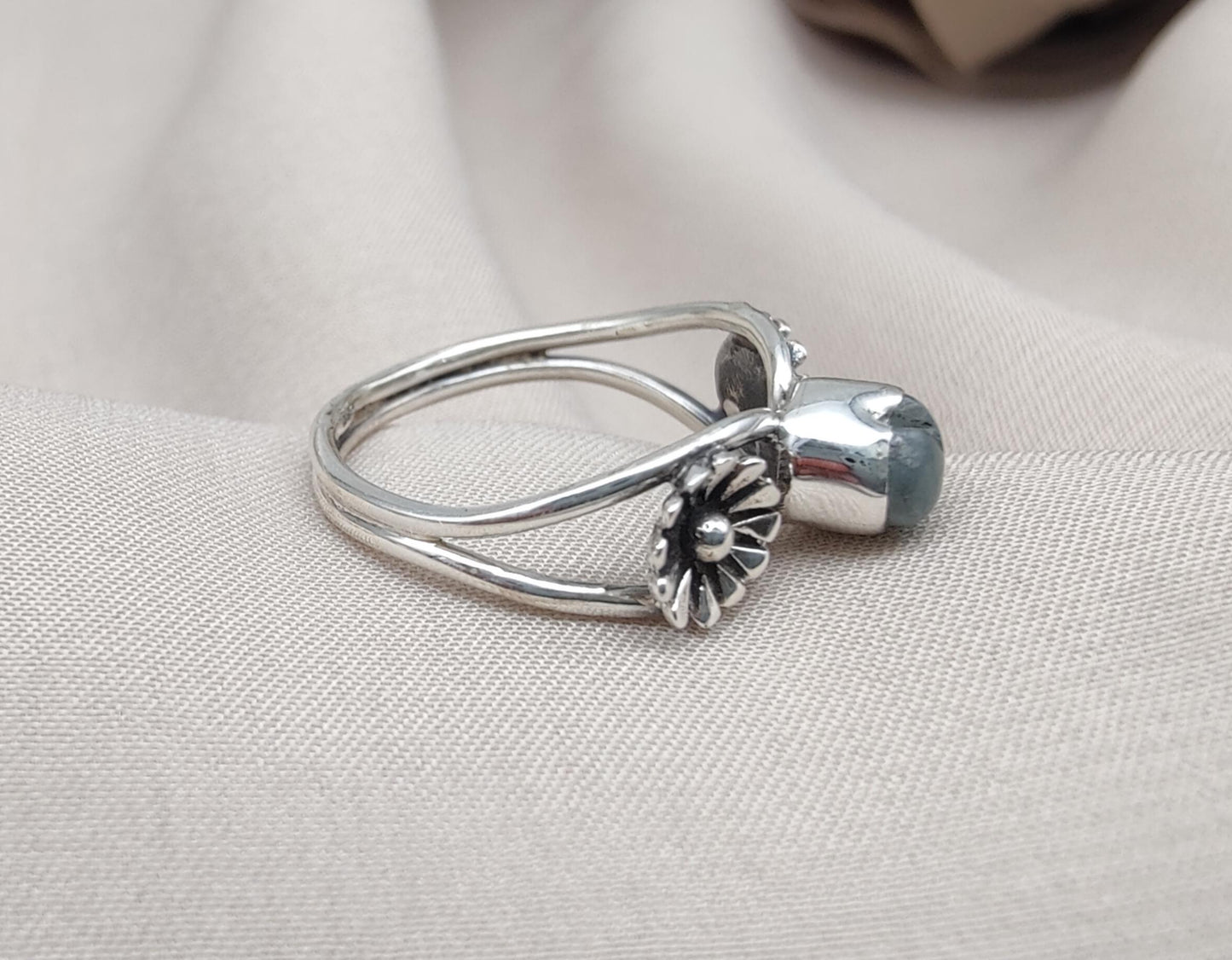 Aquamarine Heart Ring 925 Sterling Silver Floral Boho Ring