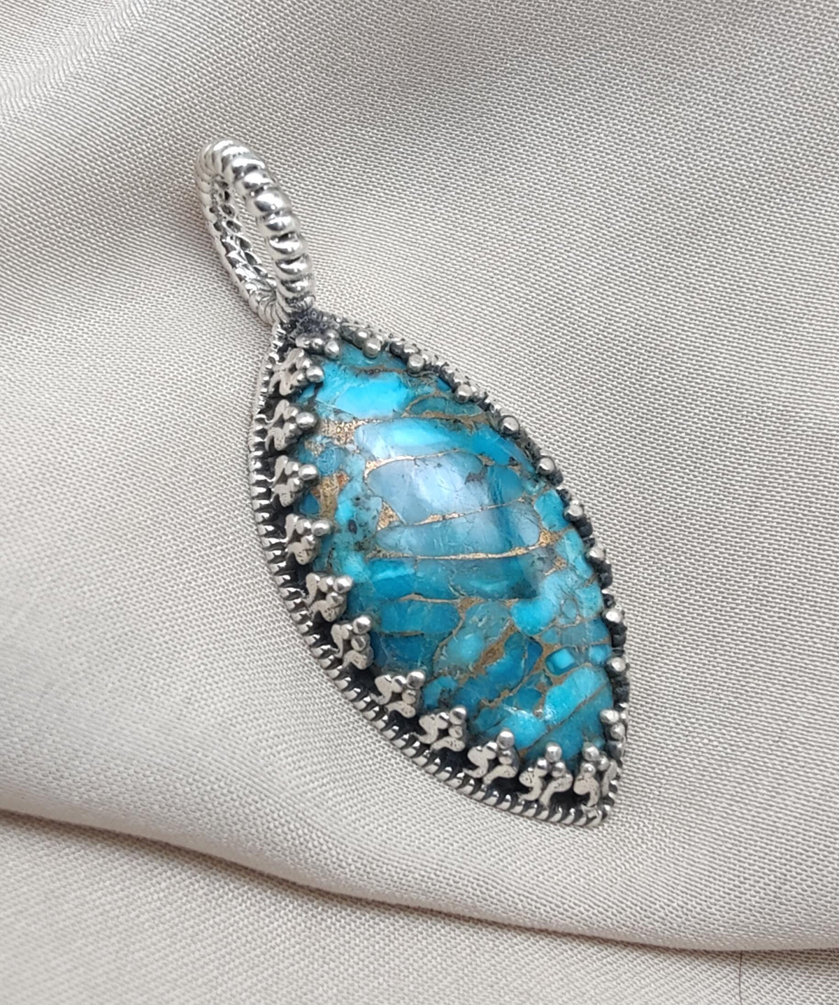 Blue Copper Turquoise Pendant: Sterling Silver Marquise Boho Necklace