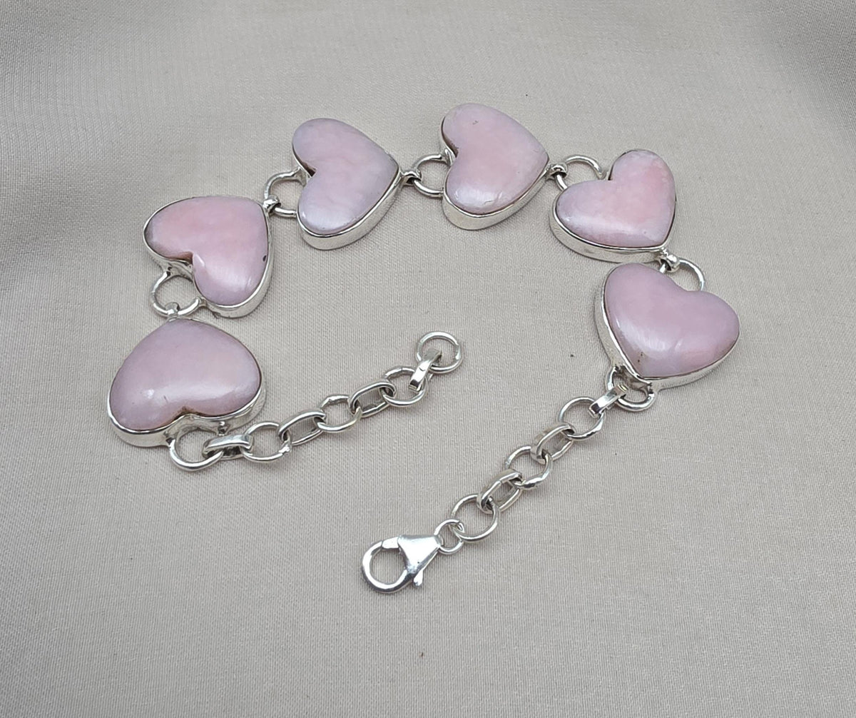 Pink Opal Heart Bracelet, 925 Sterling Silver, Handmade