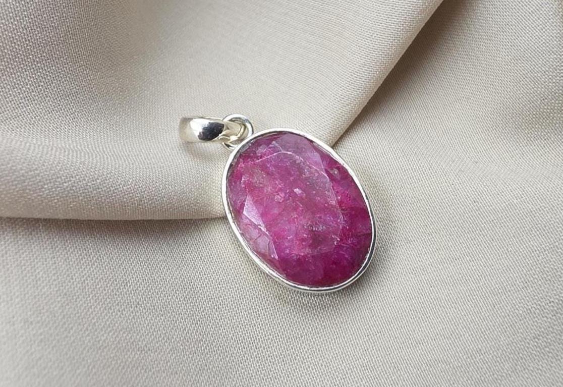 925 Sterling Silver Oval Ruby Pendant, July Birthstone Jewelry, Handmade Bezel Setting