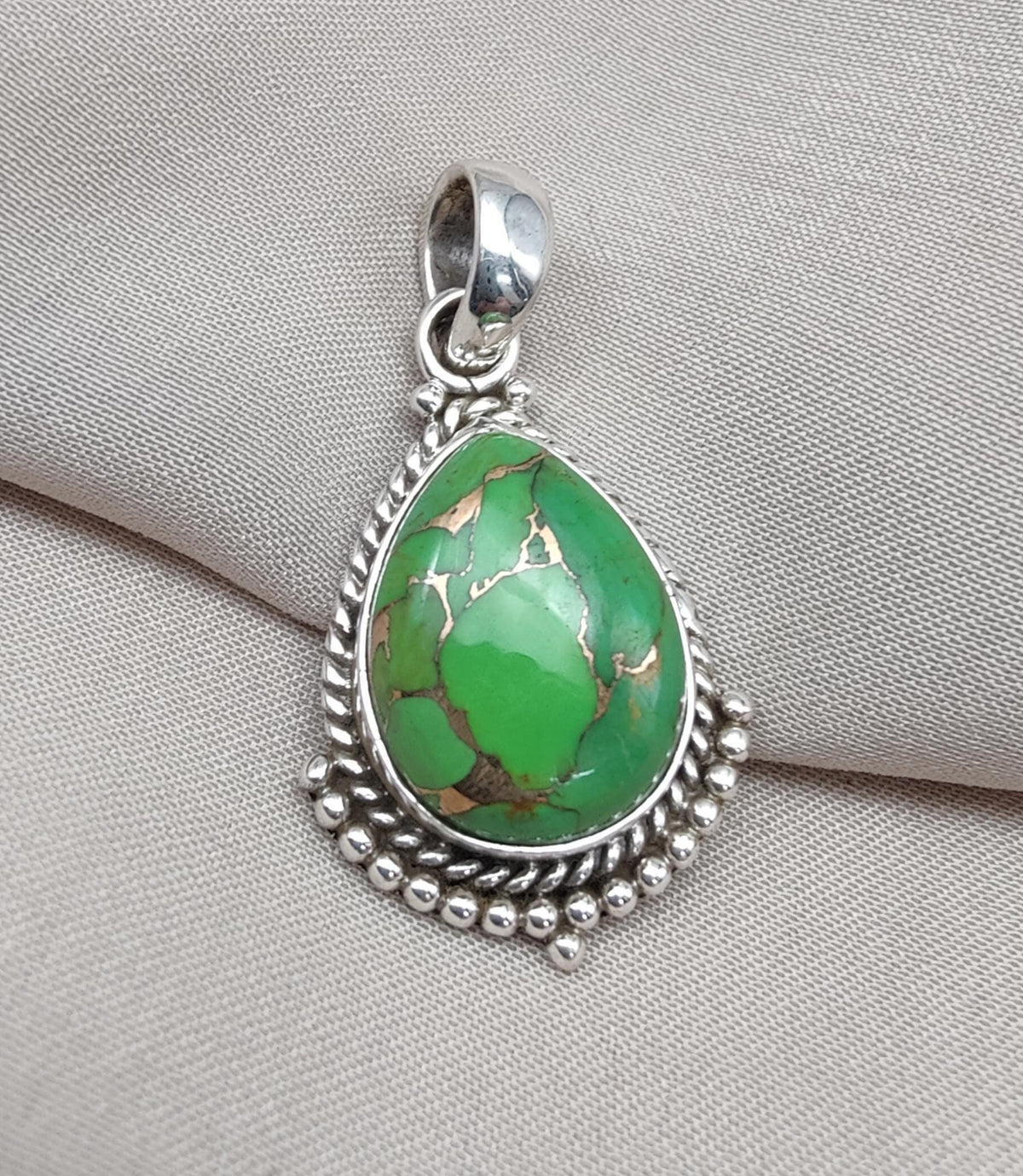 Green Copper Turquoise Pendant: Sterling Silver Boho Necklace