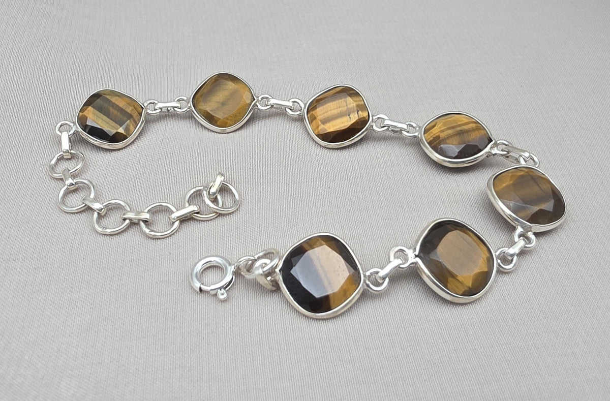 925 Sterling Silver Tiger Eye Bracelet Faceted Cushion Cut Gemstone Bracelet Gift for Her