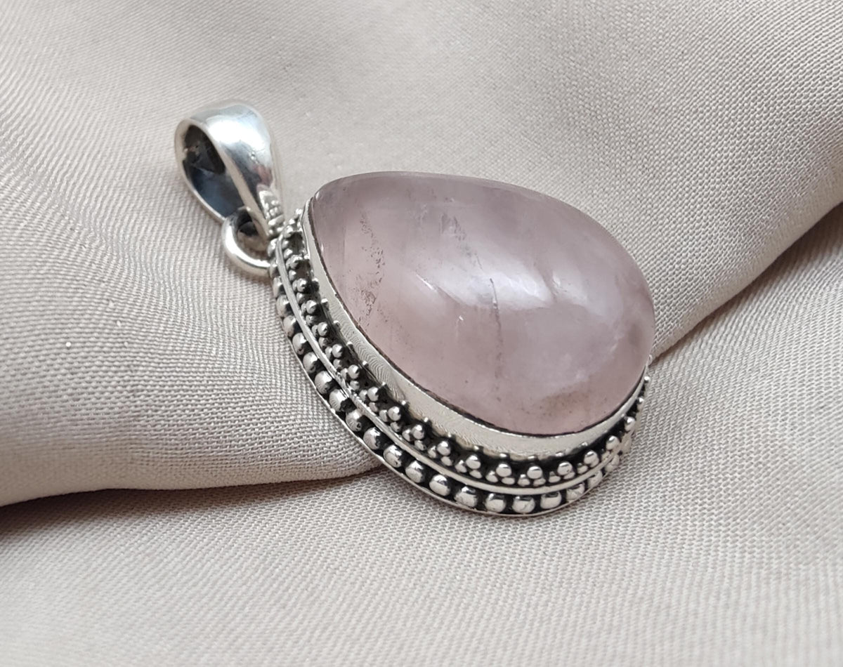 Rose Quartz Pendant: Teardrop Gemstone, 925 Sterling Silver Bezel Gift for Love