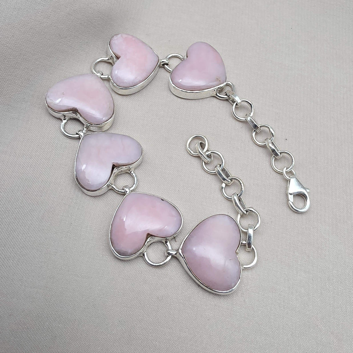 Pink Opal Heart Bracelet, 925 Sterling Silver, Handmade
