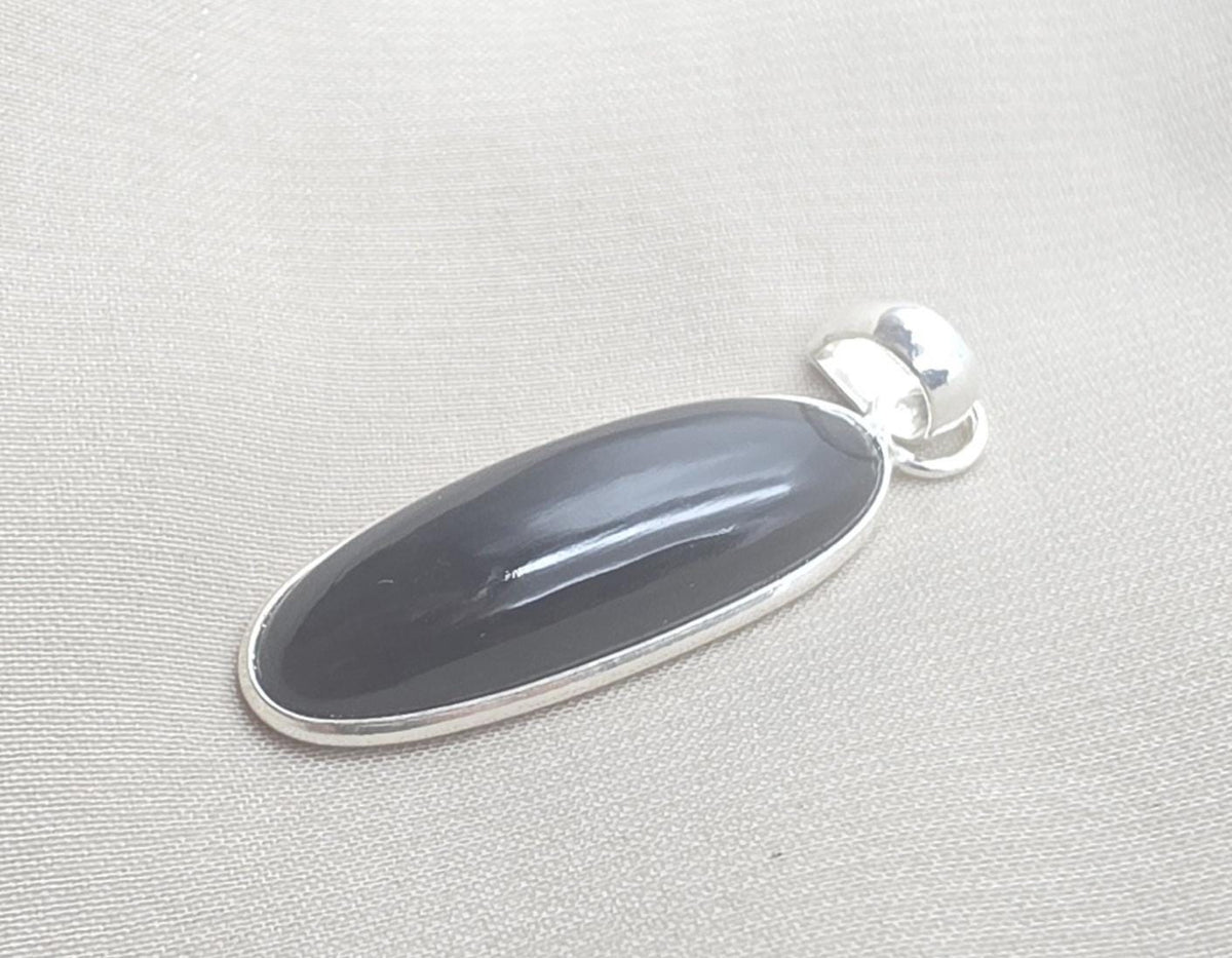 925 Sterling Silver Black Onyx Pendant, Long Oval Cabochon Gemstone Necklace