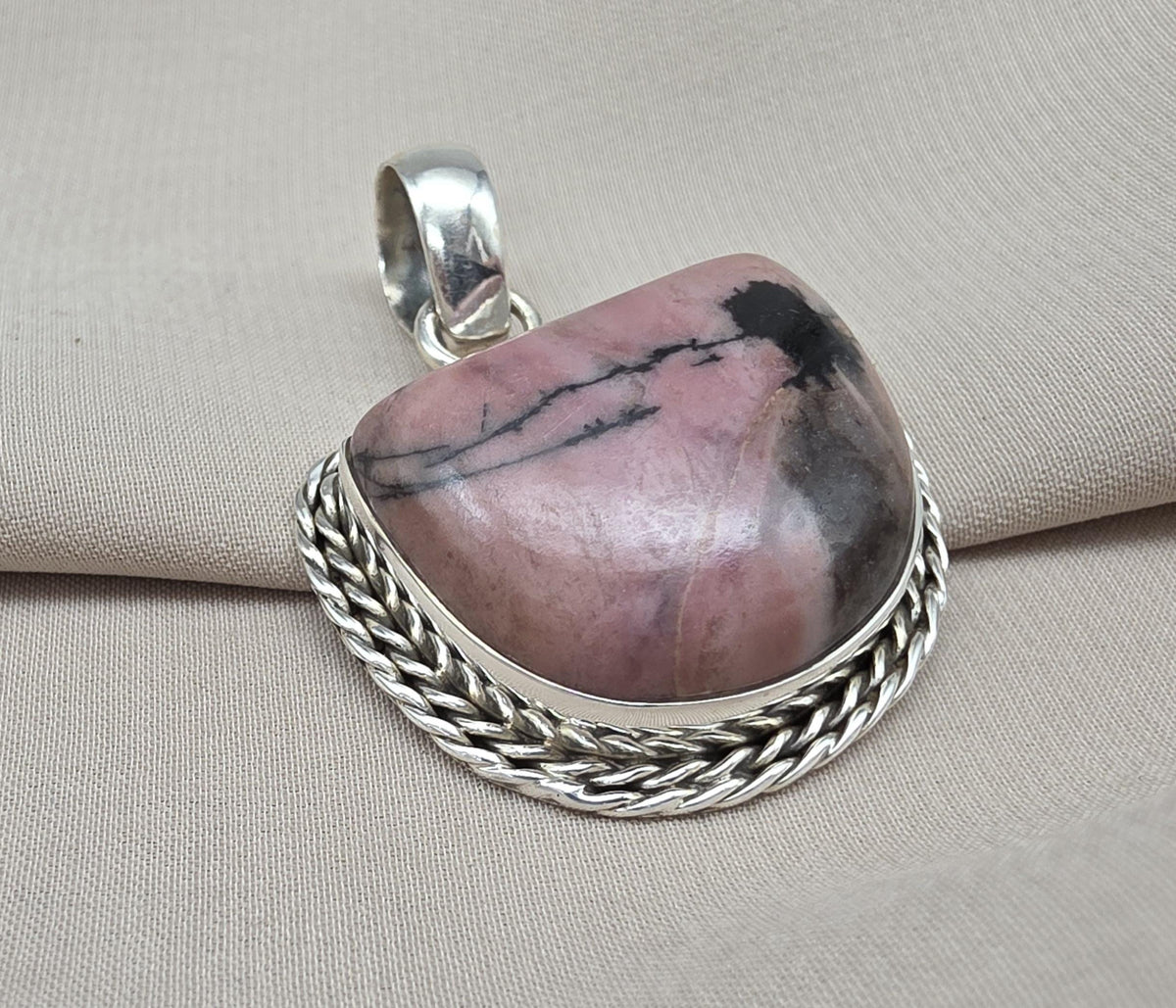 Rhodonite Pendant 925 Sterling Silver Pink and Black Healing Stone Necklace Crystal Jewelry