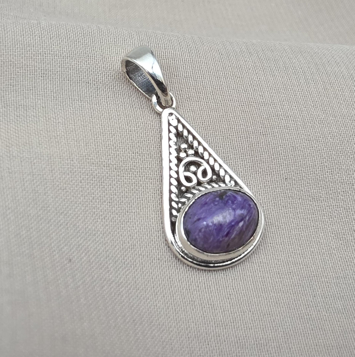 Handmade Charoite 925 Sterling Silver Pendant: Purple Gemstone Boho Necklace