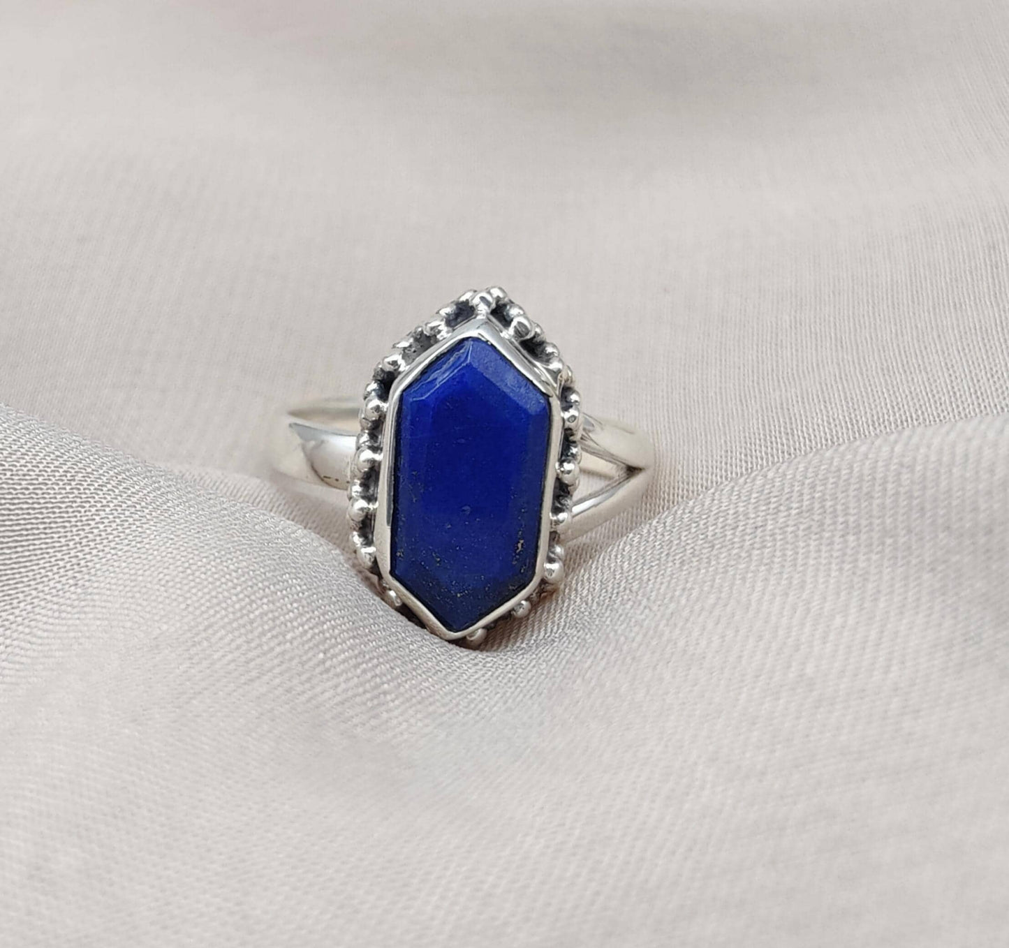 Natural Lapis Lazuli 925 Sterling Silver Ring: Handmade Hexagon Gemstone, Boho Jewelry