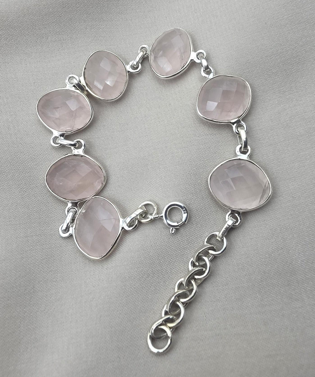 925 Sterling Silver Rose Quartz Natural Gemstone Link Bracelet Handmade Jewelry Gift for Her