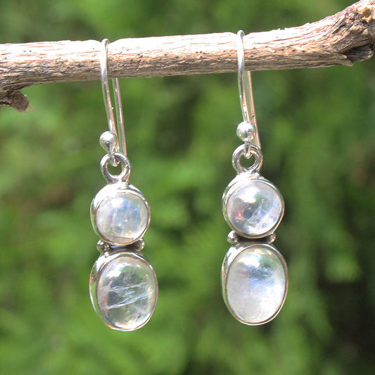 925 SOLID STERLING SILVER NATURAL RAINBOW MOONSTONE GEMSTONE HOOK EARRING