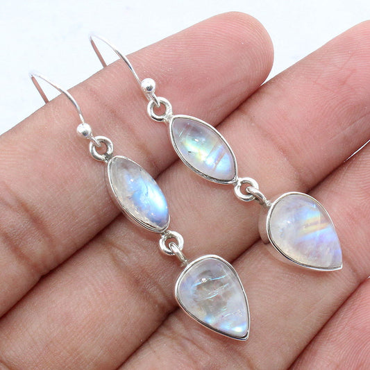 925 SOLID STERLING SILVER NATURAL RAINBOW MOONSTONE GEMSTONE HOOK EARRING