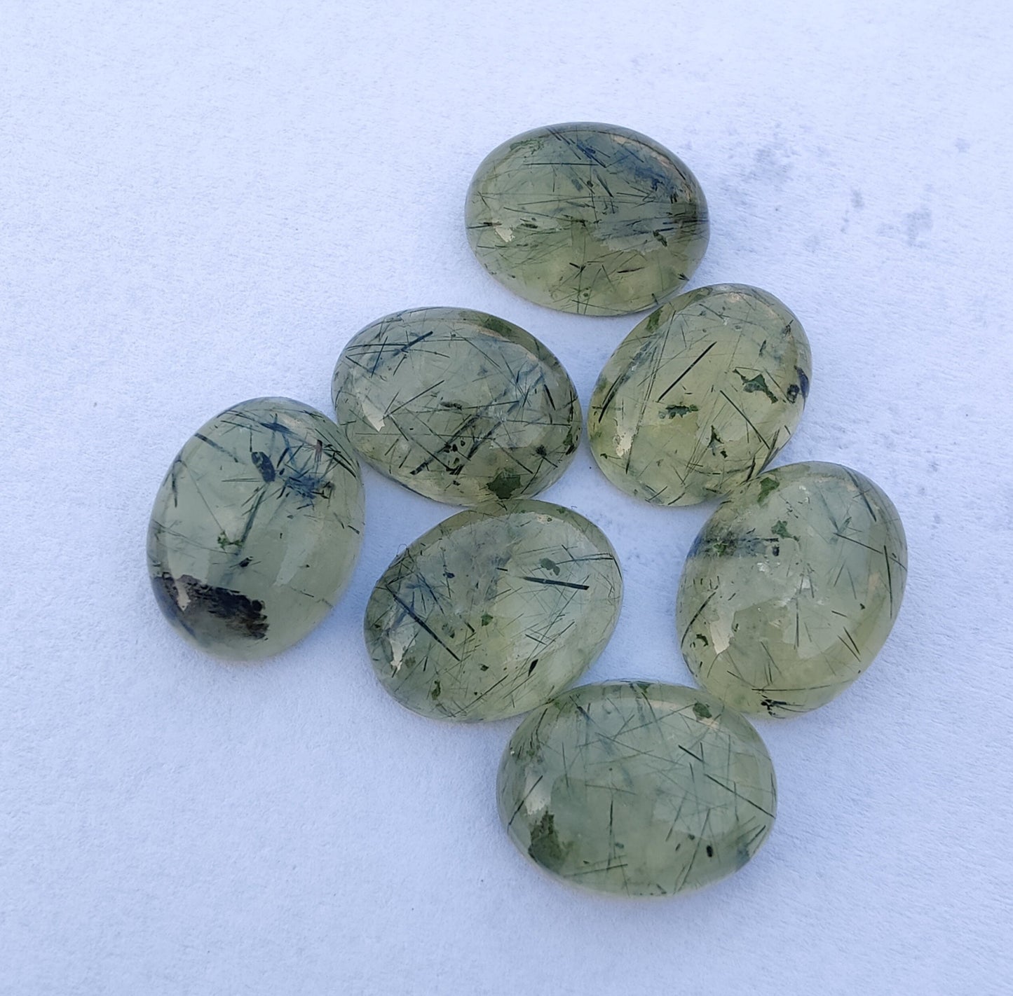 NATURAL PREHNITE RUTILE OVAL SHAPE CABOCHON FLAT BACK CALIBRATED WHOLESALE GEMSTONES, ALL SIZES AVAILABLE