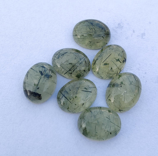 NATURAL PREHNITE RUTILE OVAL SHAPE CABOCHON FLAT BACK CALIBRATED WHOLESALE GEMSTONES, ALL SIZES AVAILABLE