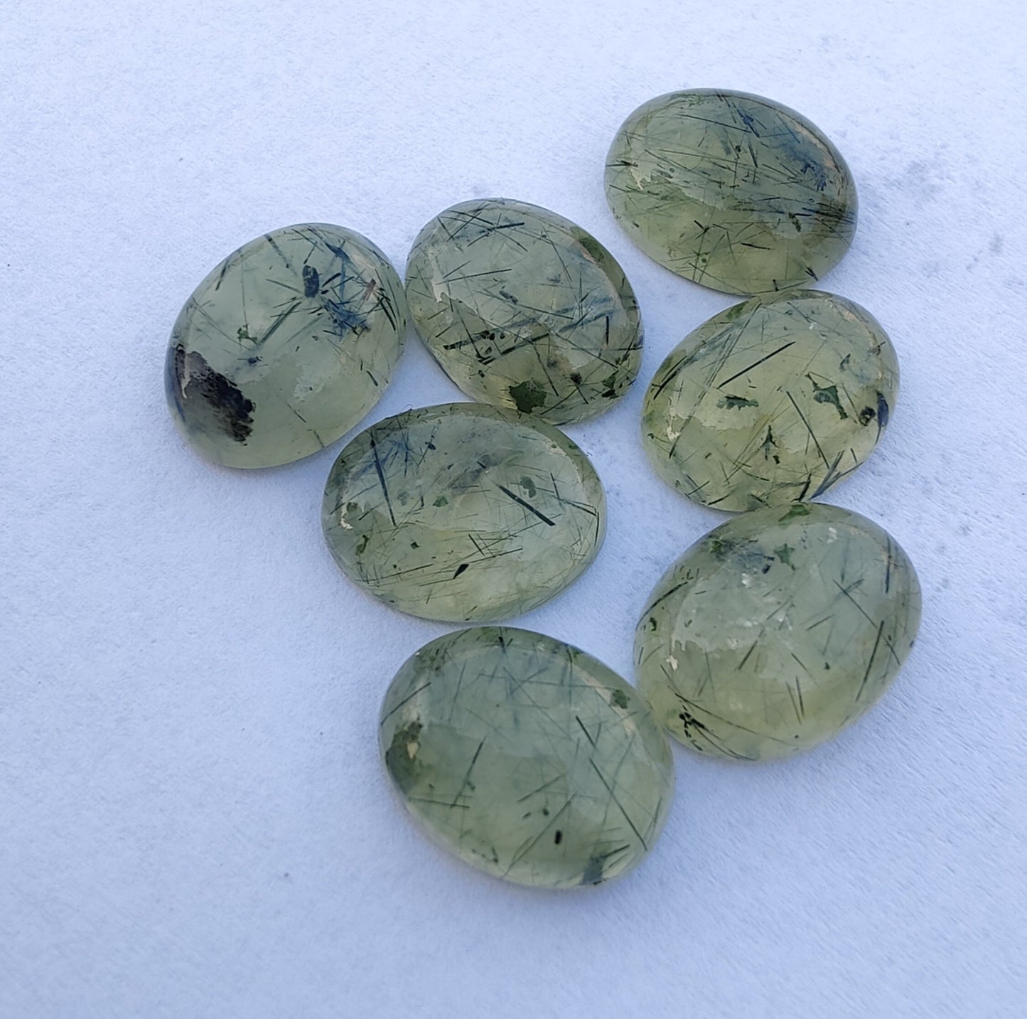 NATURAL PREHNITE RUTILE OVAL SHAPE CABOCHON FLAT BACK CALIBRATED WHOLESALE GEMSTONES, ALL SIZES AVAILABLE