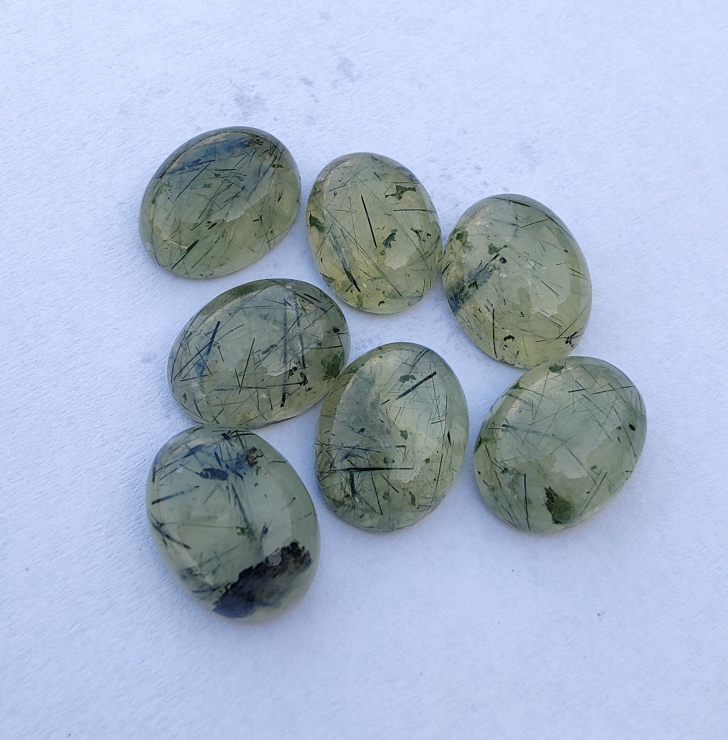 NATURAL PREHNITE RUTILE OVAL SHAPE CABOCHON FLAT BACK CALIBRATED WHOLESALE GEMSTONES, ALL SIZES AVAILABLE