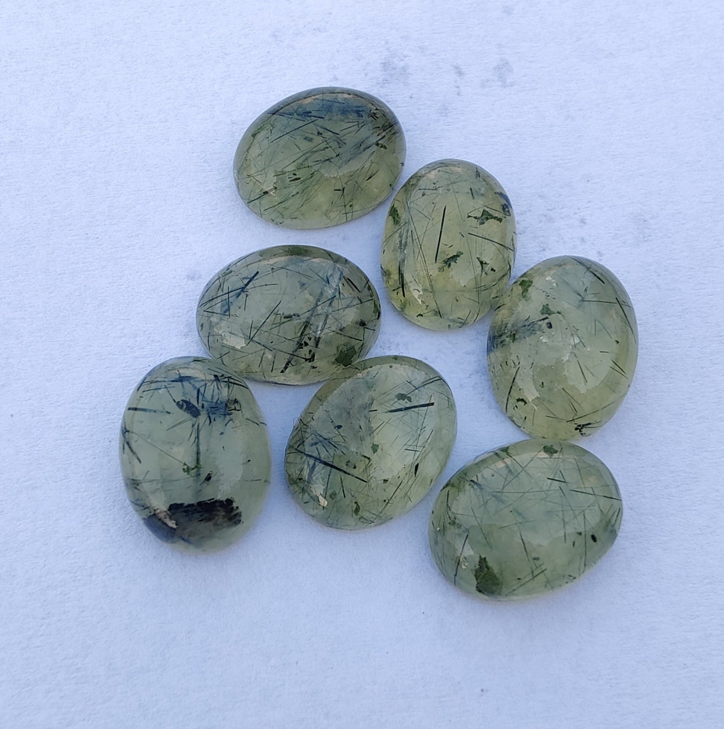 NATURAL PREHNITE RUTILE OVAL SHAPE CABOCHON FLAT BACK CALIBRATED WHOLESALE GEMSTONES, ALL SIZES AVAILABLE
