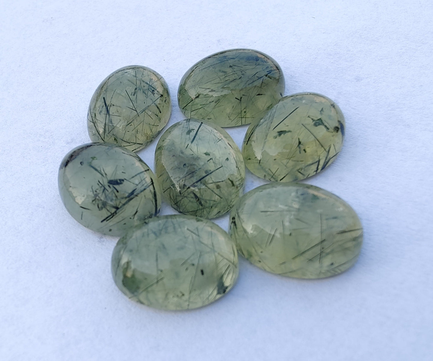 NATURAL PREHNITE RUTILE OVAL SHAPE CABOCHON FLAT BACK CALIBRATED WHOLESALE GEMSTONES, ALL SIZES AVAILABLE