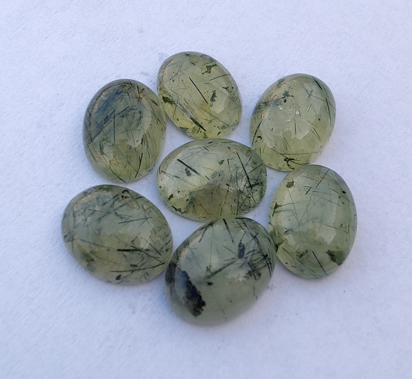 NATURAL PREHNITE RUTILE OVAL SHAPE CABOCHON FLAT BACK CALIBRATED WHOLESALE GEMSTONES, ALL SIZES AVAILABLE