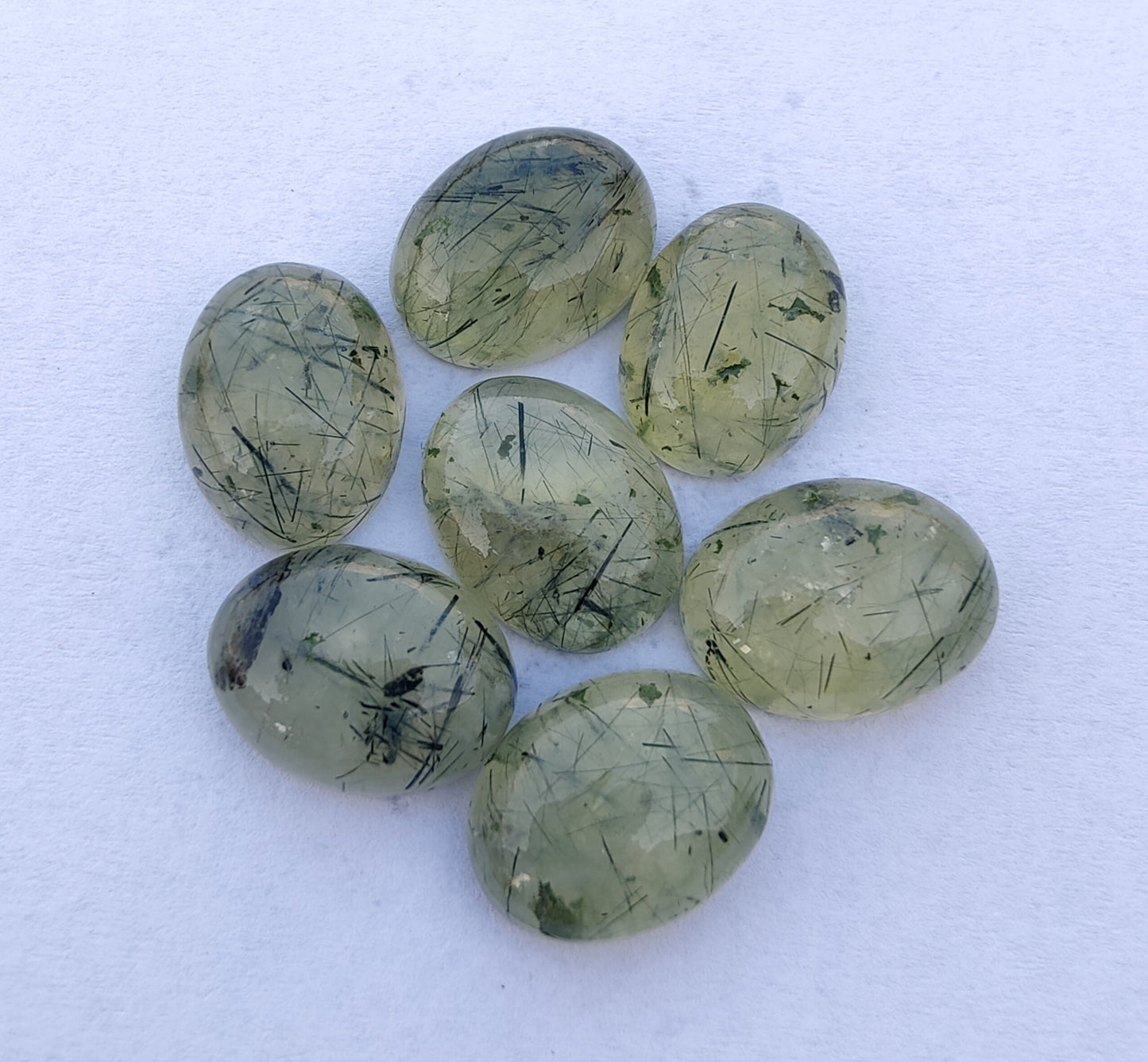 NATURAL PREHNITE RUTILE OVAL SHAPE CABOCHON FLAT BACK CALIBRATED WHOLESALE GEMSTONES, ALL SIZES AVAILABLE