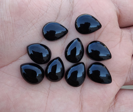 AAA+ QUALITY NATURAL BLACK ONYX CABOCHON FLAT BACK TEARDROP SHAPE CALIBRATED PEAR SHAPE GEMSTONES, ALL SIZES AVAILABLE