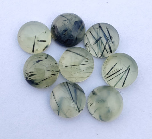 AAA+ QUALITY NATURAL PREHNITE RUTILE ROUND SHAPE CABOCHON FLAT BACK CALIBRATED ROUND SHAPE GEMSTONES, ALL SIZES AVAILABLE