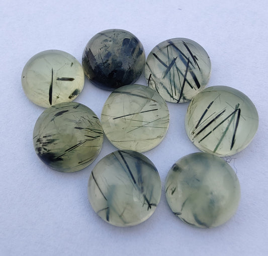AAA+ QUALITY NATURAL PREHNITE RUTILE ROUND SHAPE CABOCHON FLAT BACK CALIBRATED ROUND SHAPE GEMSTONES, ALL SIZES AVAILABLE