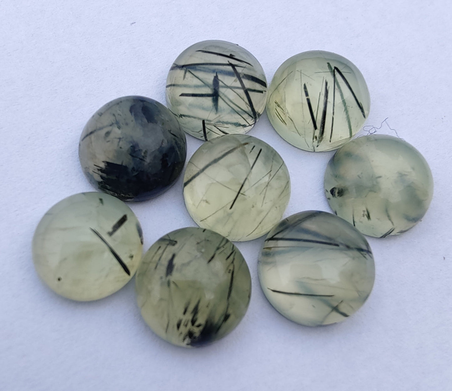 AAA+ QUALITY NATURAL PREHNITE RUTILE ROUND SHAPE CABOCHON FLAT BACK CALIBRATED ROUND SHAPE GEMSTONES, ALL SIZES AVAILABLE