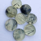 AAA+ QUALITY NATURAL PREHNITE RUTILE ROUND SHAPE CABOCHON FLAT BACK CALIBRATED ROUND SHAPE GEMSTONES, ALL SIZES AVAILABLE