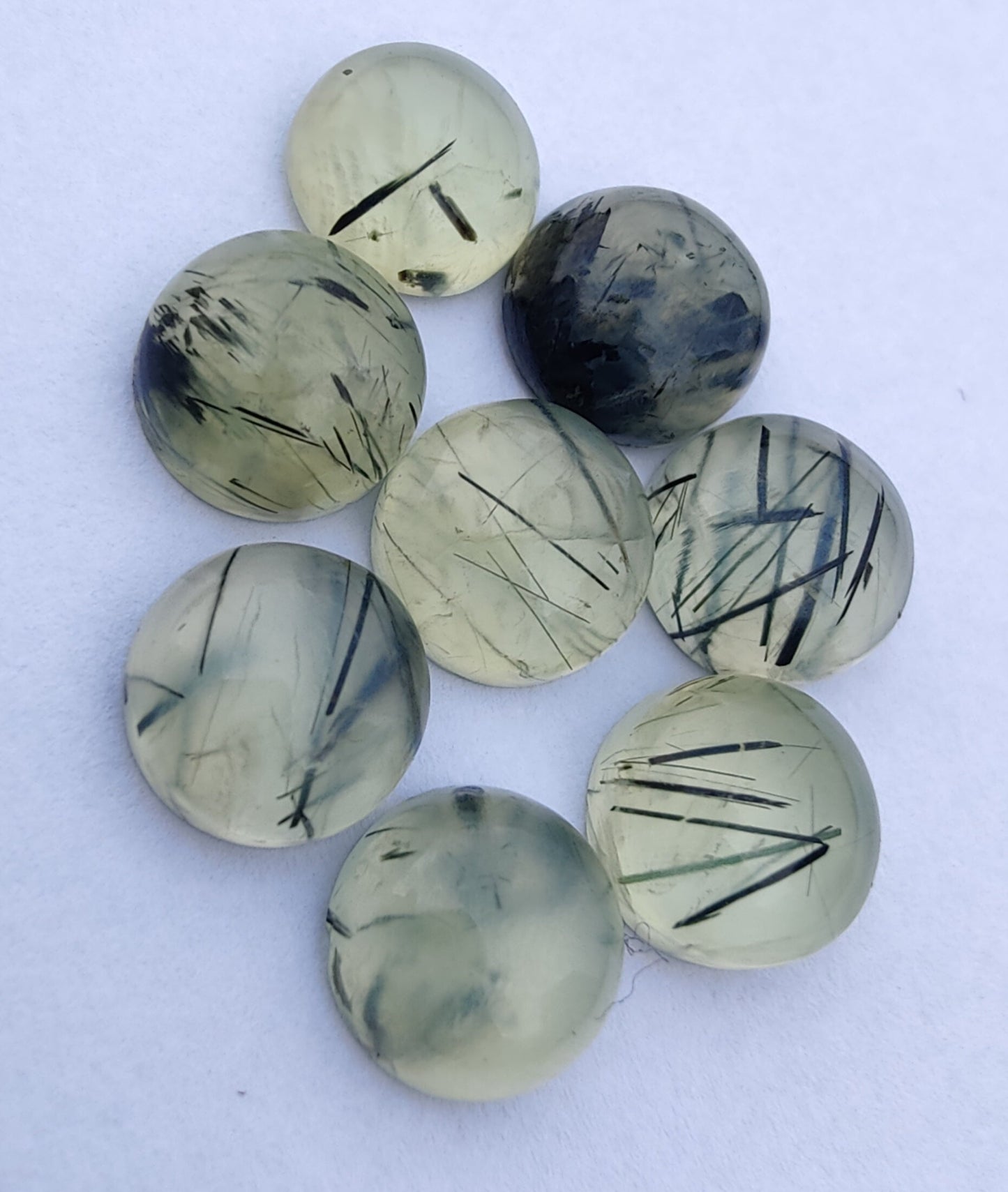 AAA+ QUALITY NATURAL PREHNITE RUTILE ROUND SHAPE CABOCHON FLAT BACK CALIBRATED ROUND SHAPE GEMSTONES, ALL SIZES AVAILABLE