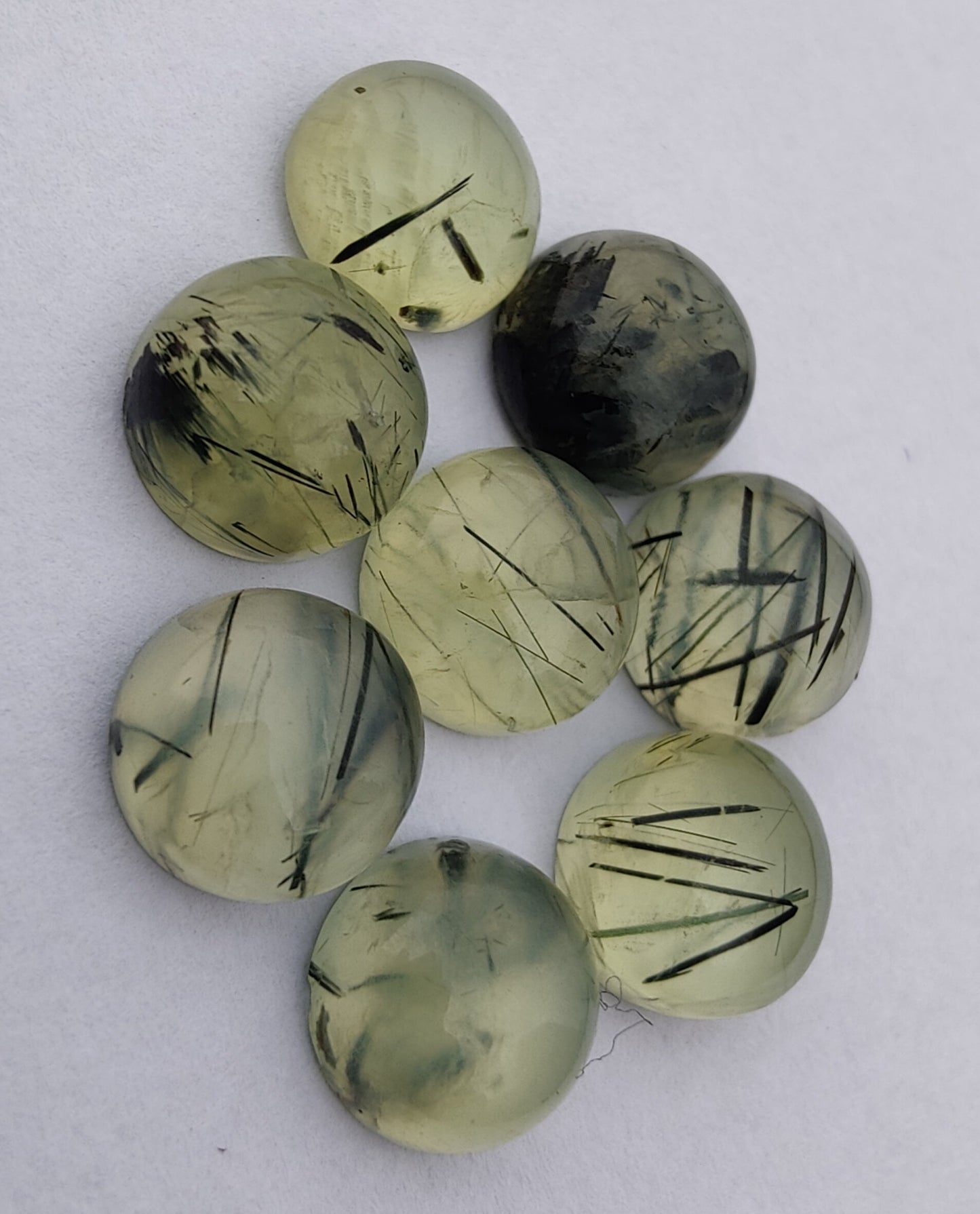 AAA+ QUALITY NATURAL PREHNITE RUTILE ROUND SHAPE CABOCHON FLAT BACK CALIBRATED ROUND SHAPE GEMSTONES, ALL SIZES AVAILABLE