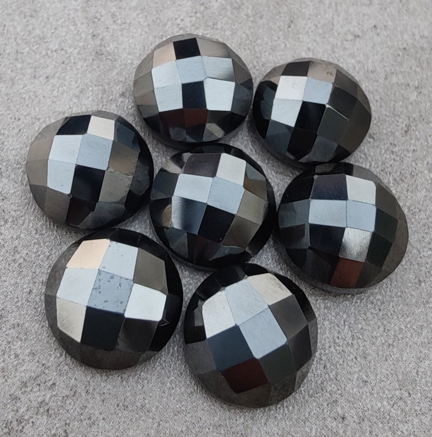 AAA+ QUALITY NATURAL HEMATITE ROUND SHAPE CHECKER CUT FLAT BACK CALIBRATED GEMSTONES, ALL SIZES AVAILABLE