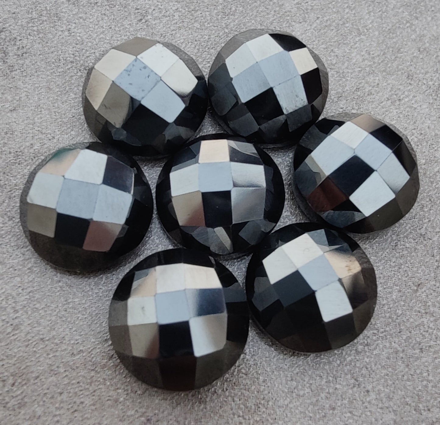 AAA+ QUALITY NATURAL HEMATITE ROUND SHAPE CHECKER CUT FLAT BACK CALIBRATED GEMSTONES, ALL SIZES AVAILABLE