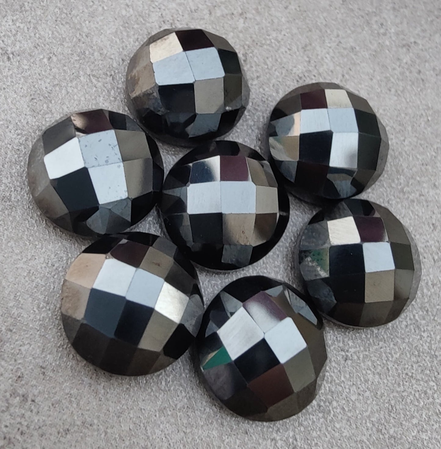 AAA+ QUALITY NATURAL HEMATITE ROUND SHAPE CHECKER CUT FLAT BACK CALIBRATED GEMSTONES, ALL SIZES AVAILABLE