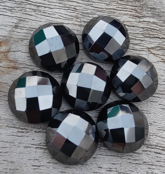 AAA+ QUALITY NATURAL HEMATITE ROUND SHAPE CHECKER CUT FLAT BACK CALIBRATED GEMSTONES, ALL SIZES AVAILABLE