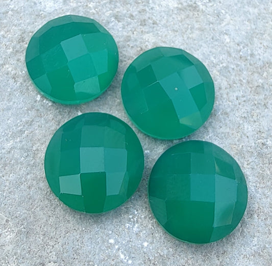 AAA+ QUALITY NATURAL GREEN ONYX ROUND SHAPE CHECKER CUT FLAT BACK CALIBRATED GEMSTONES, ALL SIZES AVAILABLE
