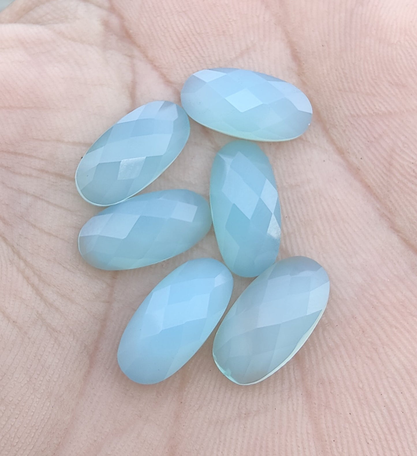 NATURAL BLUE CHALCEDONY BIG OVAL SHAPE CHECKER CUT FLAT BACK CALIBRATED BEDA SHAPE GEMSTONES, ALL SIZES AVAILABLE