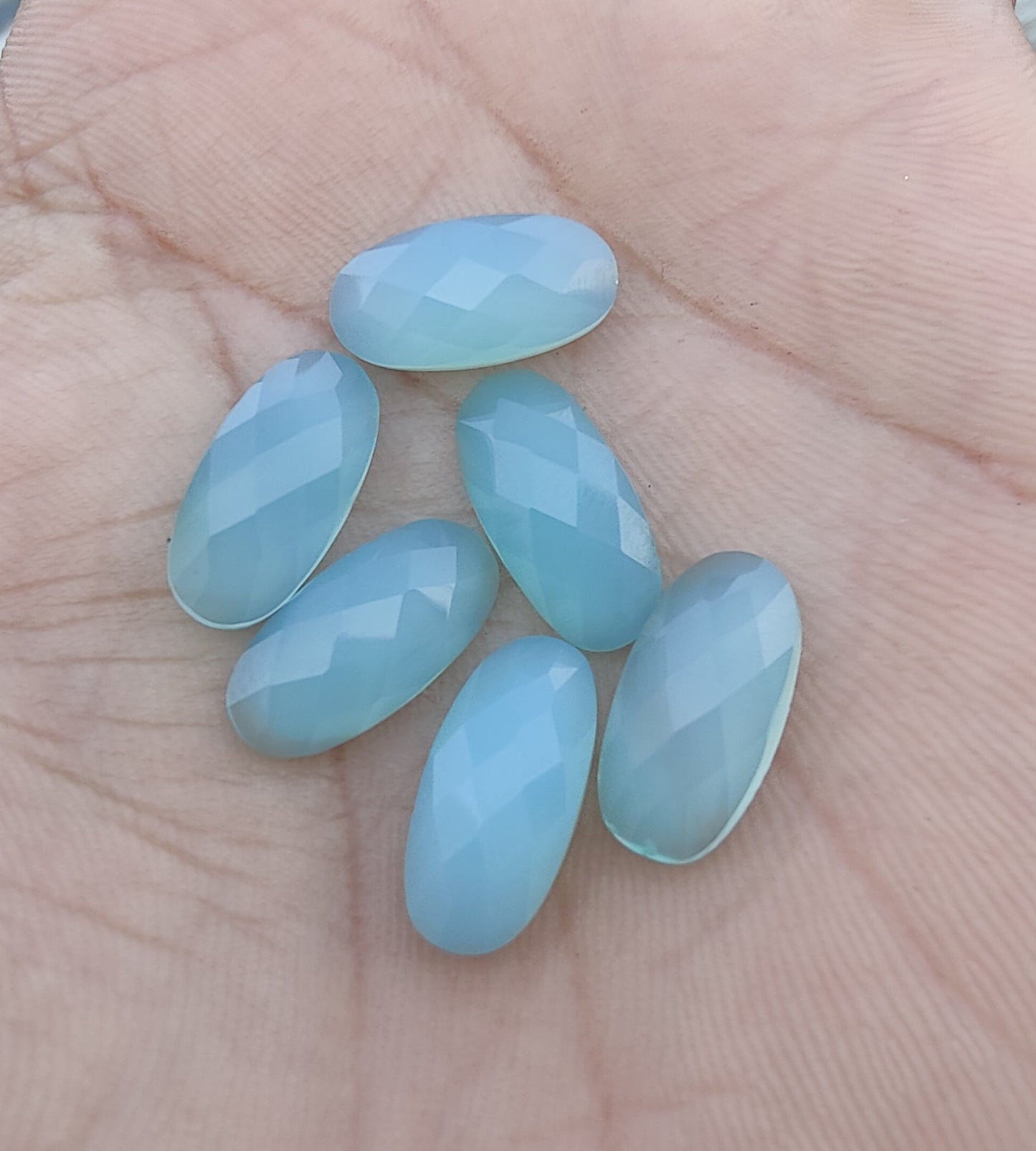 NATURAL BLUE CHALCEDONY BIG OVAL SHAPE CHECKER CUT FLAT BACK CALIBRATED BEDA SHAPE GEMSTONES, ALL SIZES AVAILABLE