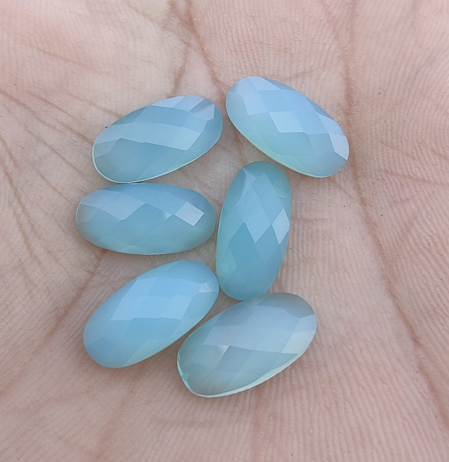 NATURAL BLUE CHALCEDONY BIG OVAL SHAPE CHECKER CUT FLAT BACK CALIBRATED BEDA SHAPE GEMSTONES, ALL SIZES AVAILABLE