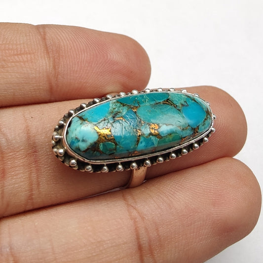 925 SOLID STERLING SILVER NATURAL BLUE COPPER TURQUOISE GEMSTONES HANDMADE RING, ALL SIZES AVAILABLE