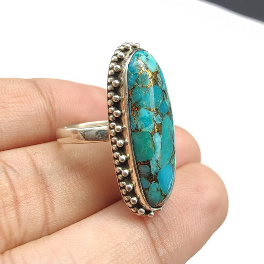 925 SOLID STERLING SILVER NATURAL BLUE COPPER TURQUOISE GEMSTONES HANDMADE RING, ALL SIZES AVAILABLE