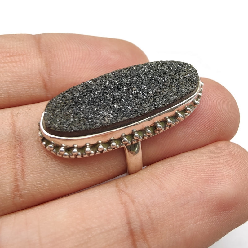 925 SOLID STERLING SILVER NATURAL BLACK DRUZY GEMSTONES HANDMADE RING, ALL SIZES AVAILABLE