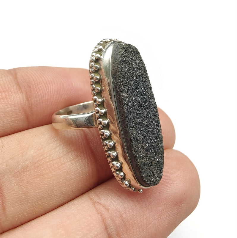925 SOLID STERLING SILVER NATURAL BLACK DRUZY GEMSTONES HANDMADE RING, ALL SIZES AVAILABLE