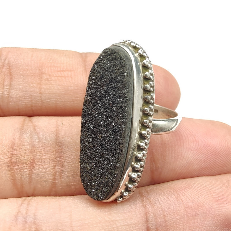 925 SOLID STERLING SILVER NATURAL BLACK DRUZY GEMSTONES HANDMADE RING, ALL SIZES AVAILABLE