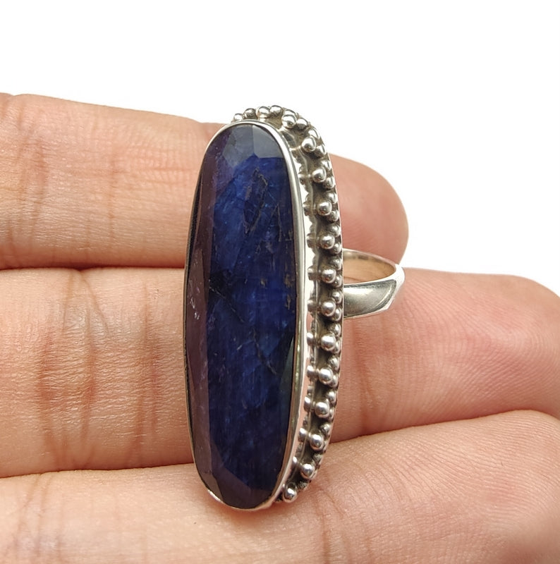 925 SOLID STERLING SILVER NATURAL BLUE SAPPHIRE GEMSTONES HANDMADE RING, ALL SIZES AVAILABLE